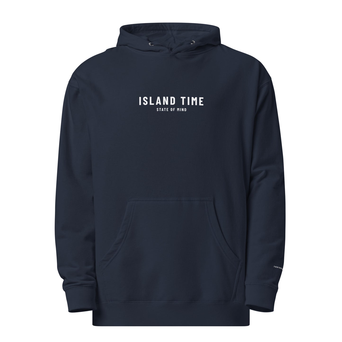 Truthwear Island Time Navy Midweight Hoodie, Front View with White 'STATE OF MIND' Print.