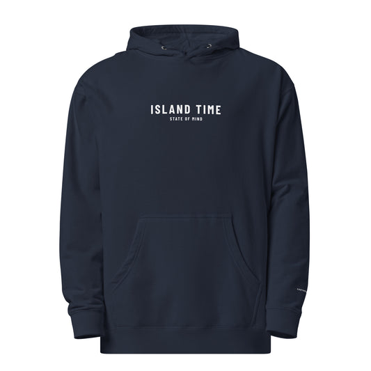 Truthwear Island Time Navy Midweight Hoodie, Front View with White 'STATE OF MIND' Print.